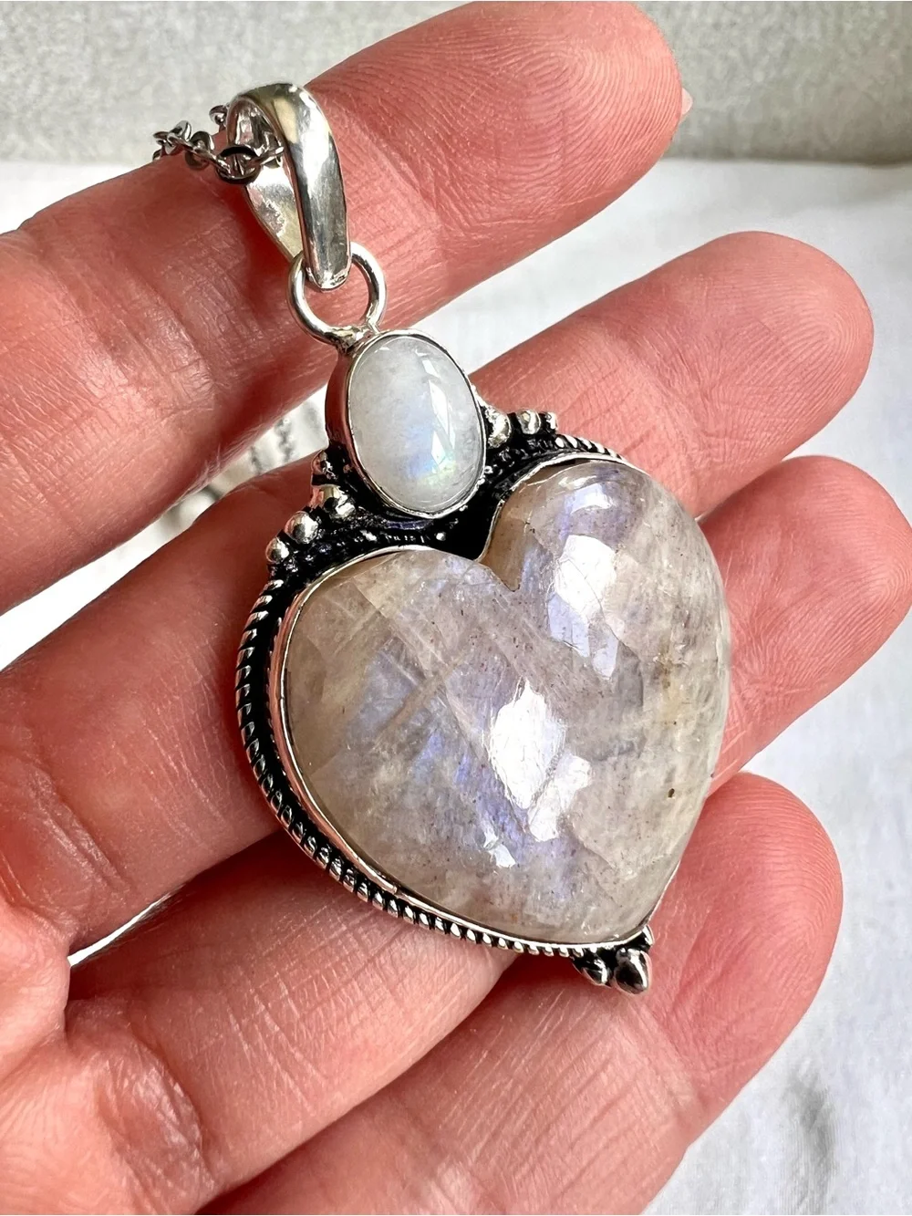 925 OMG OMG Blue Flash Peach Moonstone ❤️ Heart Pendant Necklace